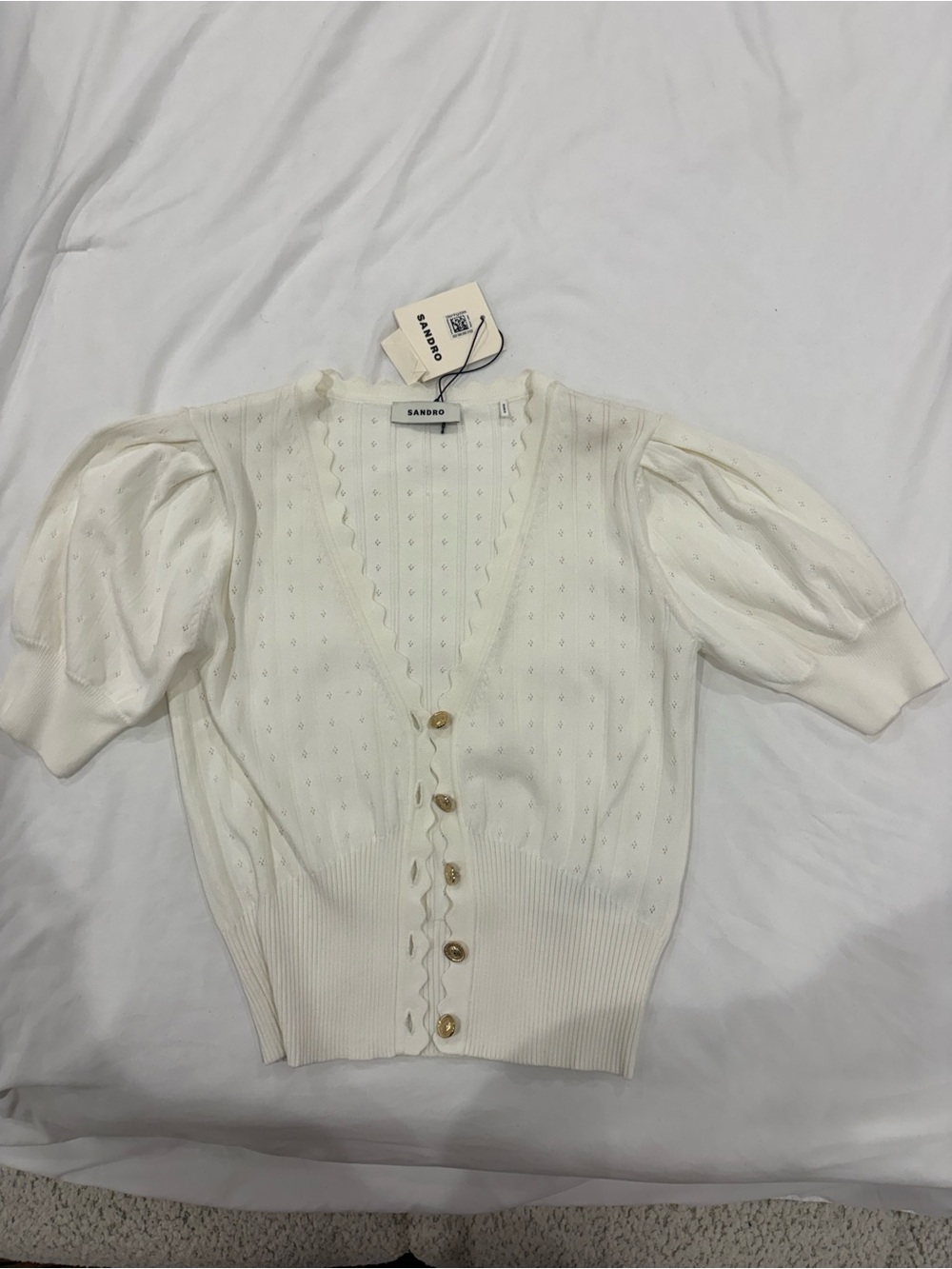 Sandro NEW WITH TAGS Ecru Scalloped Neck Knit Cardigan with Gold Buttons